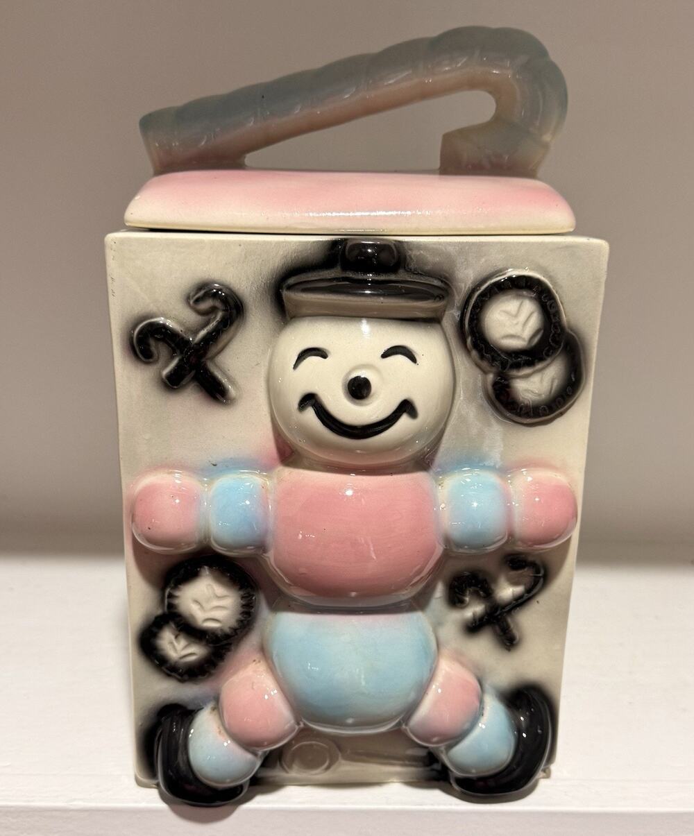 Vintage American Bisque Candy Cane Snowman Puppet Blue Pink Cookie Jar w/Lid